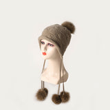 Womens Fur Pom Cashmere Knitted Beanie Ladies Cashmere Hat with Drop Fur Poms