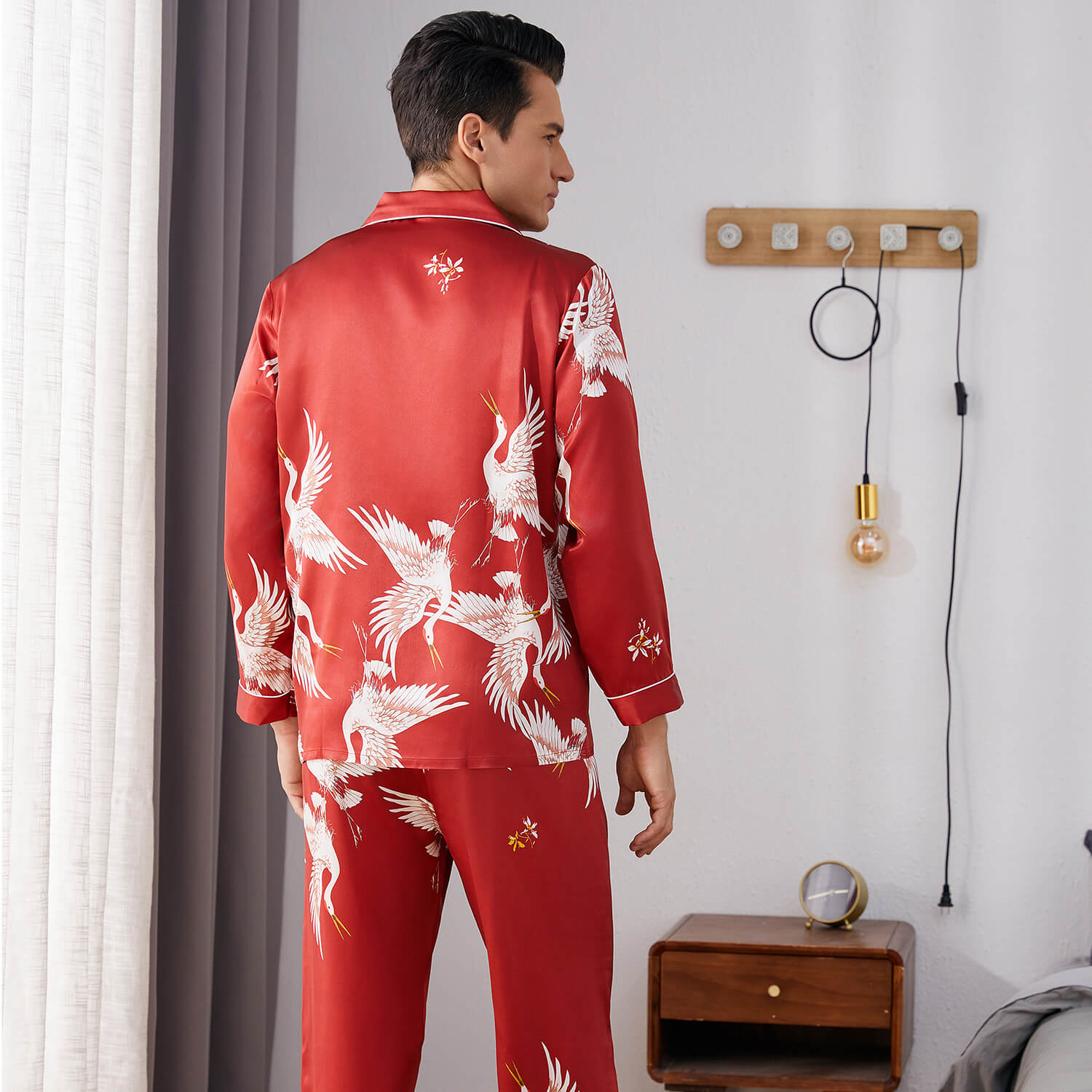 Print long Silk Pajamas Set For Men Classic ButtonDown Silk Sleepwear - slipintosoft