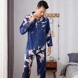 Print long Silk Pajamas Set For Men Classic ButtonDown Silk Sleepwear - slipintosoft