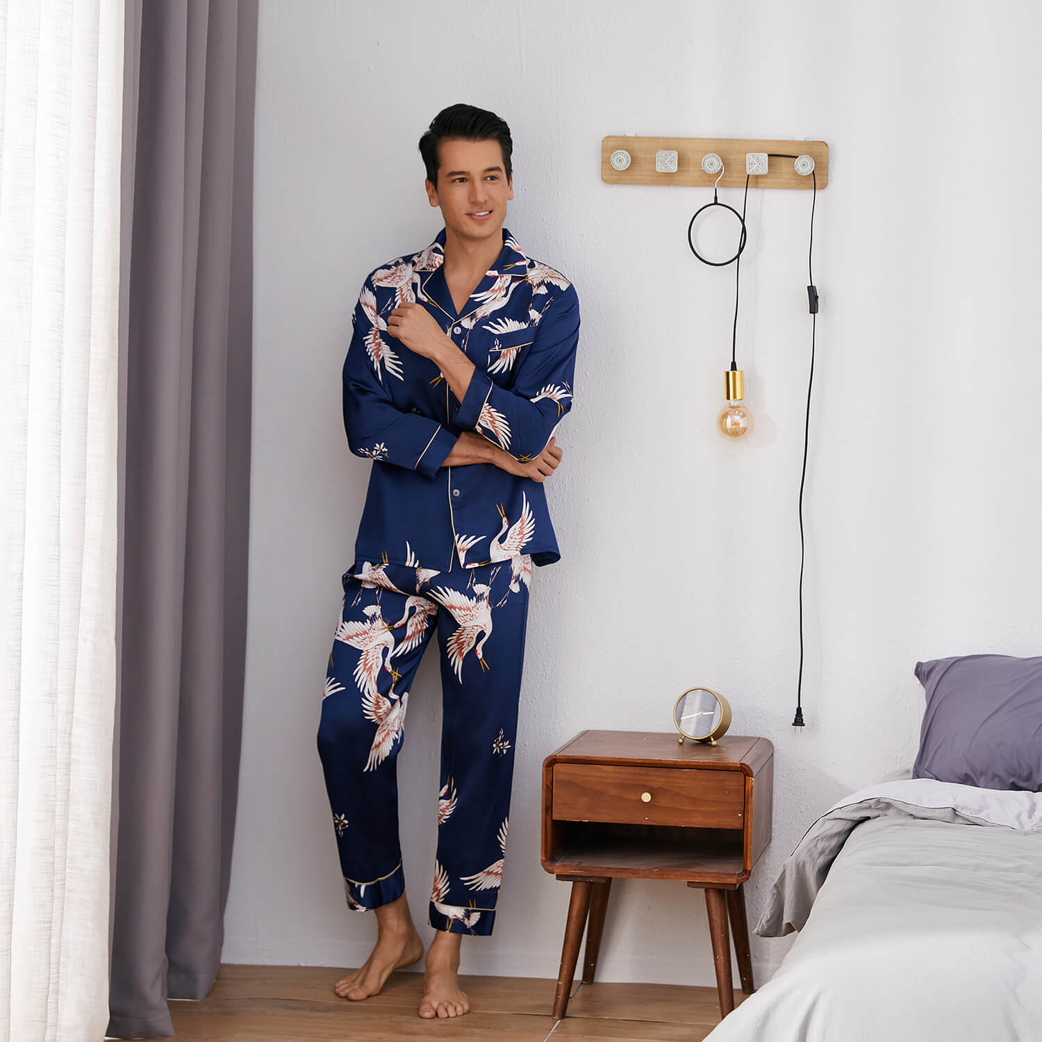 Print long Silk Pajamas Set For Men Classic ButtonDown Silk Sleepwear - slipintosoft