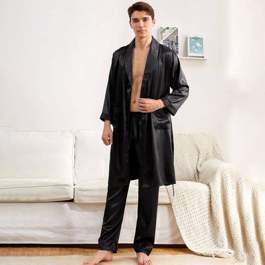 Men Silk Robe with Pants Set Silk Bathrobe Sleepwear Set