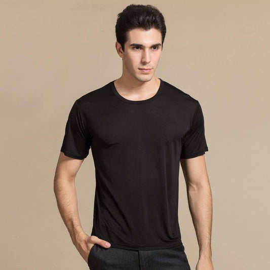 Camiseta clásica de seda con cuello redondo para hombre Camisas de punto de seda