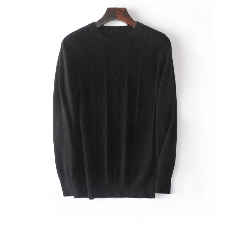 Mens Diamond Knit Pure Cashmere Sweater Crew Neck Tops Ribbed Hem