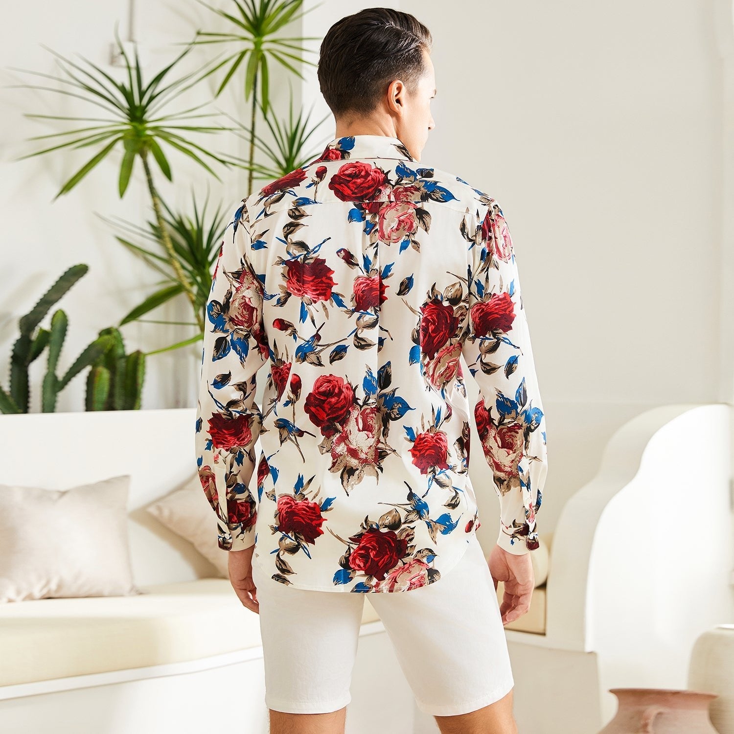 100 Mulberry Camisas de seda estampadas con flores de manga larga para hombre Camisa de vestir de seda con botones