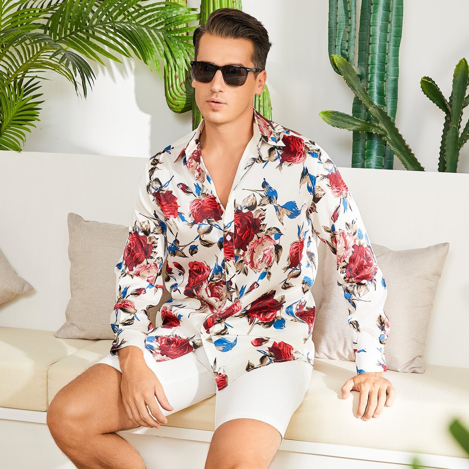 Men's Long Sleeve Flower Printed Silk Shirts Button Down Flower Silk Dress Shirt - slipintosoft