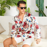 Men's Long Sleeve Flower Printed Silk Shirts Button Down Flower Silk Dress Shirt - slipintosoft