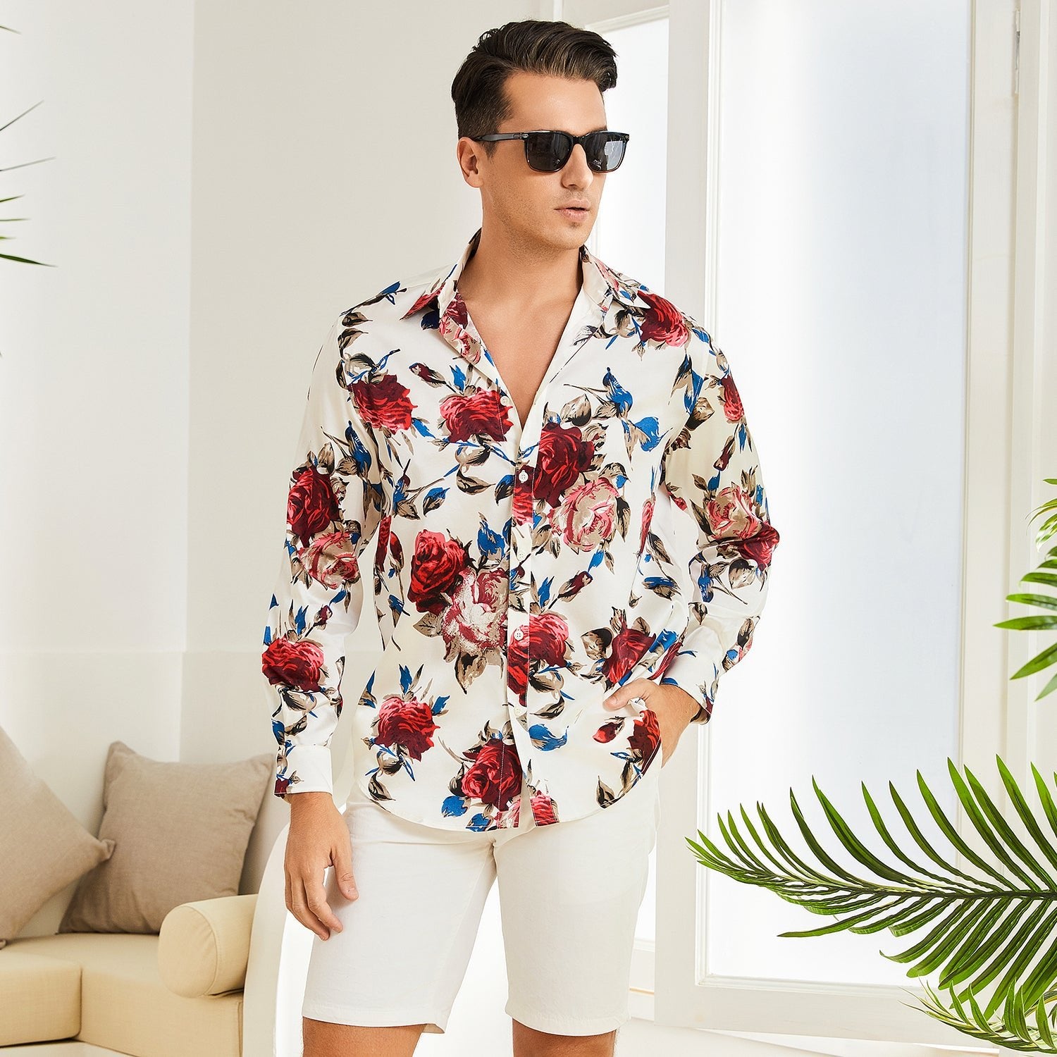 Men's Long Sleeve Flower Printed Silk Shirts Button Down Flower Silk Dress Shirt - slipintosoft