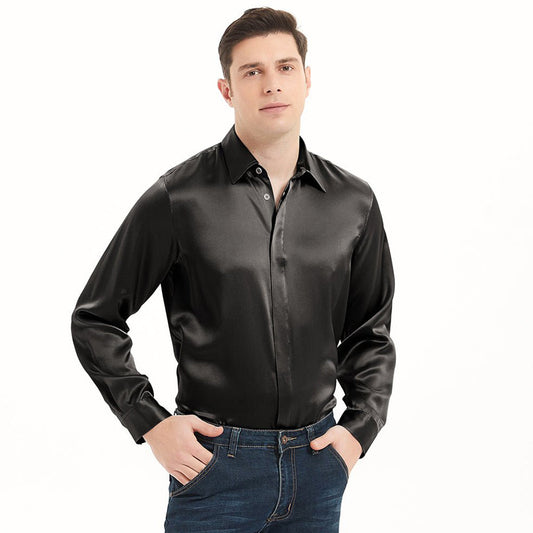 Camisa de seda de mangas largas para hombres camisas de seda escondida