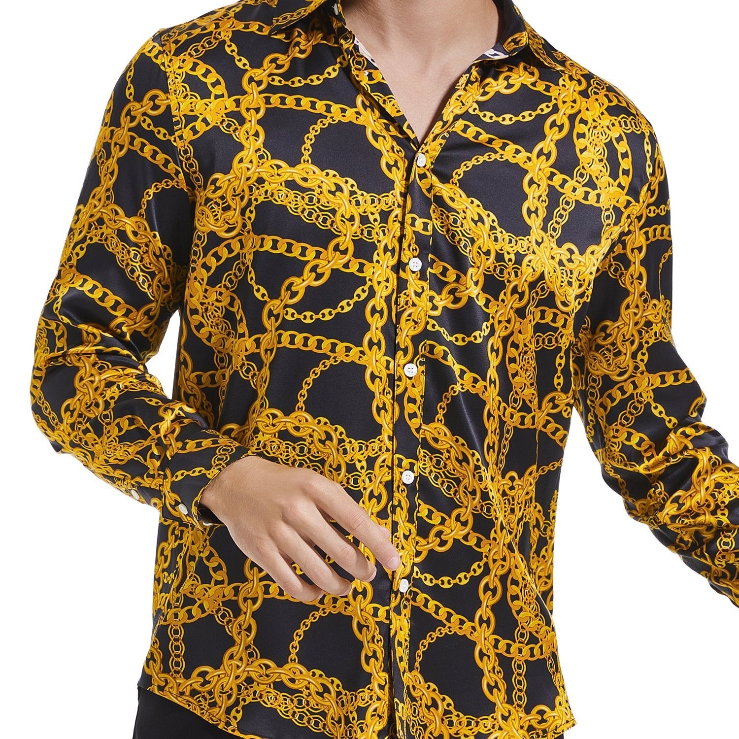 Men's Luxury Gold Chains Print Button Down Long Sleeve Silk Dress Shirt - slipintosoft