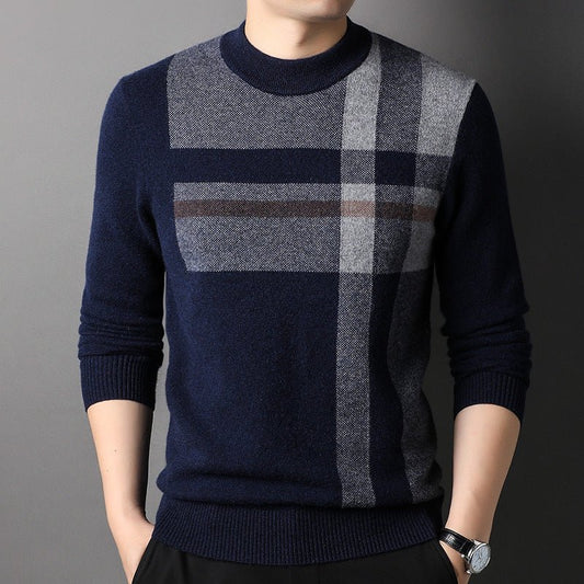 Mens Mock Neck Cashmere Sweater Business Casual Long Sleeve Stripe Cashmere Tops - slipintosoft