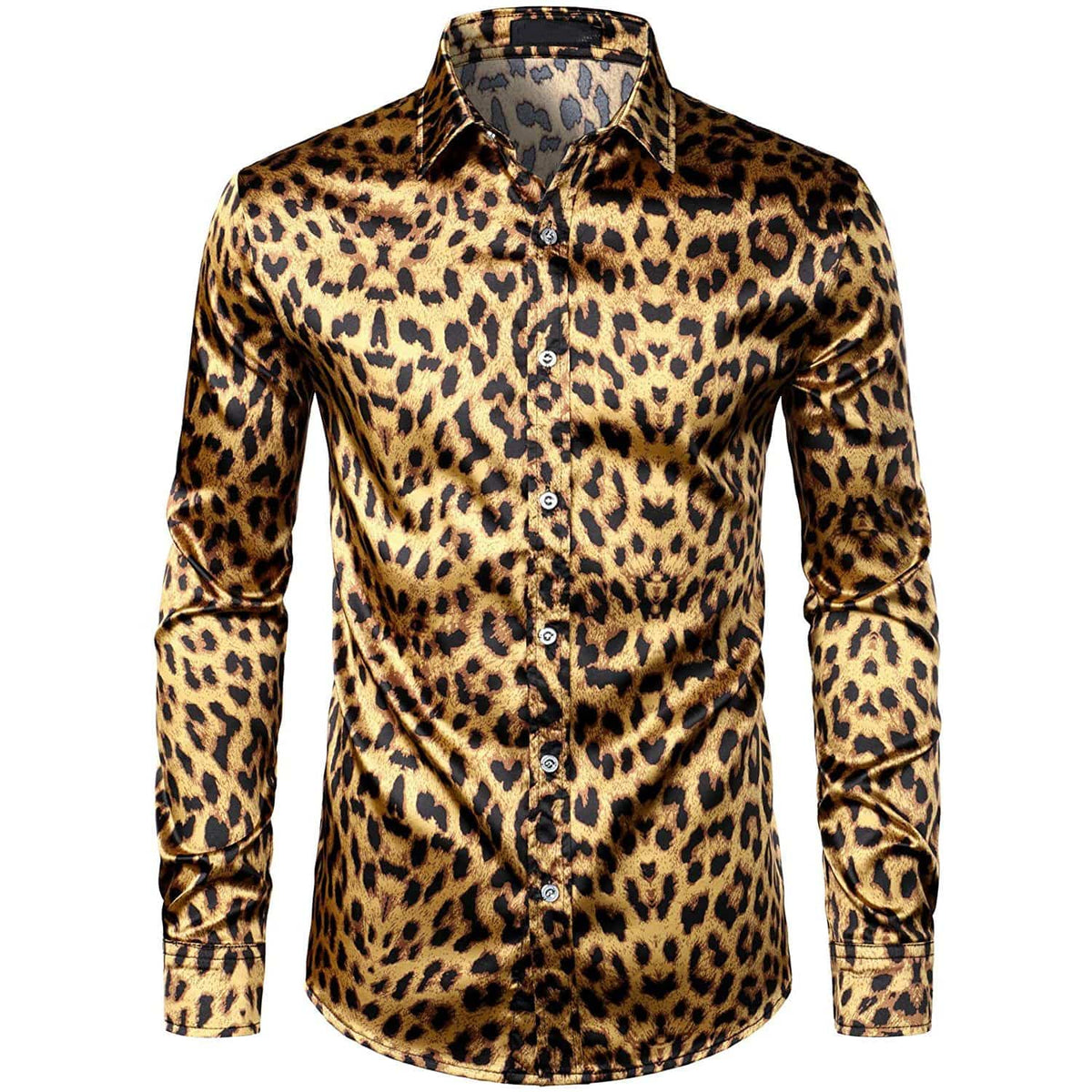 Men's Silk Dress Shirt Luxury Leopard Printed Long Sleeve Silk Shirts
