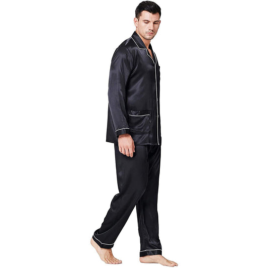 Men's Silk Long Pajamas Set with Pockets Silk Long Button-Down Pajamas Set -  slipintosoft