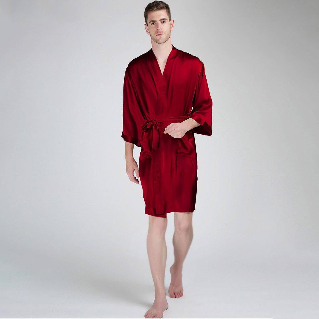 Short Men's Silk Robe Luxury Pure Silk Kimono Robe with Pockets Big and Tall Size -  slipintosoft