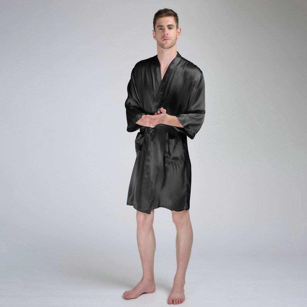 Short Men's Silk Robe Luxury Pure Silk Kimono Robe with Pockets Big and Tall Size -  slipintosoft