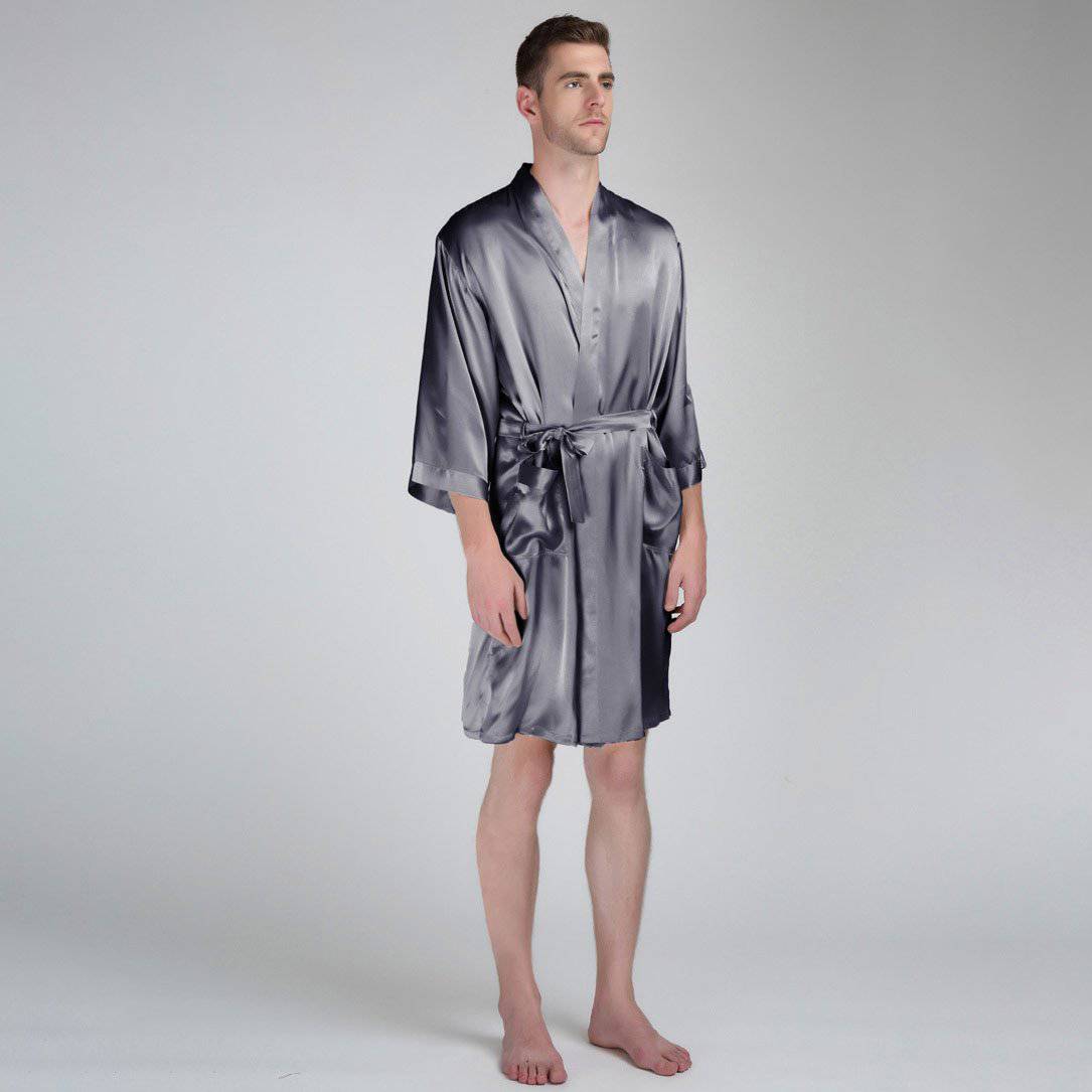 Short Men's Silk Robe Luxury Pure Silk Kimono Robe with Pockets Big and Tall Size -  slipintosoft