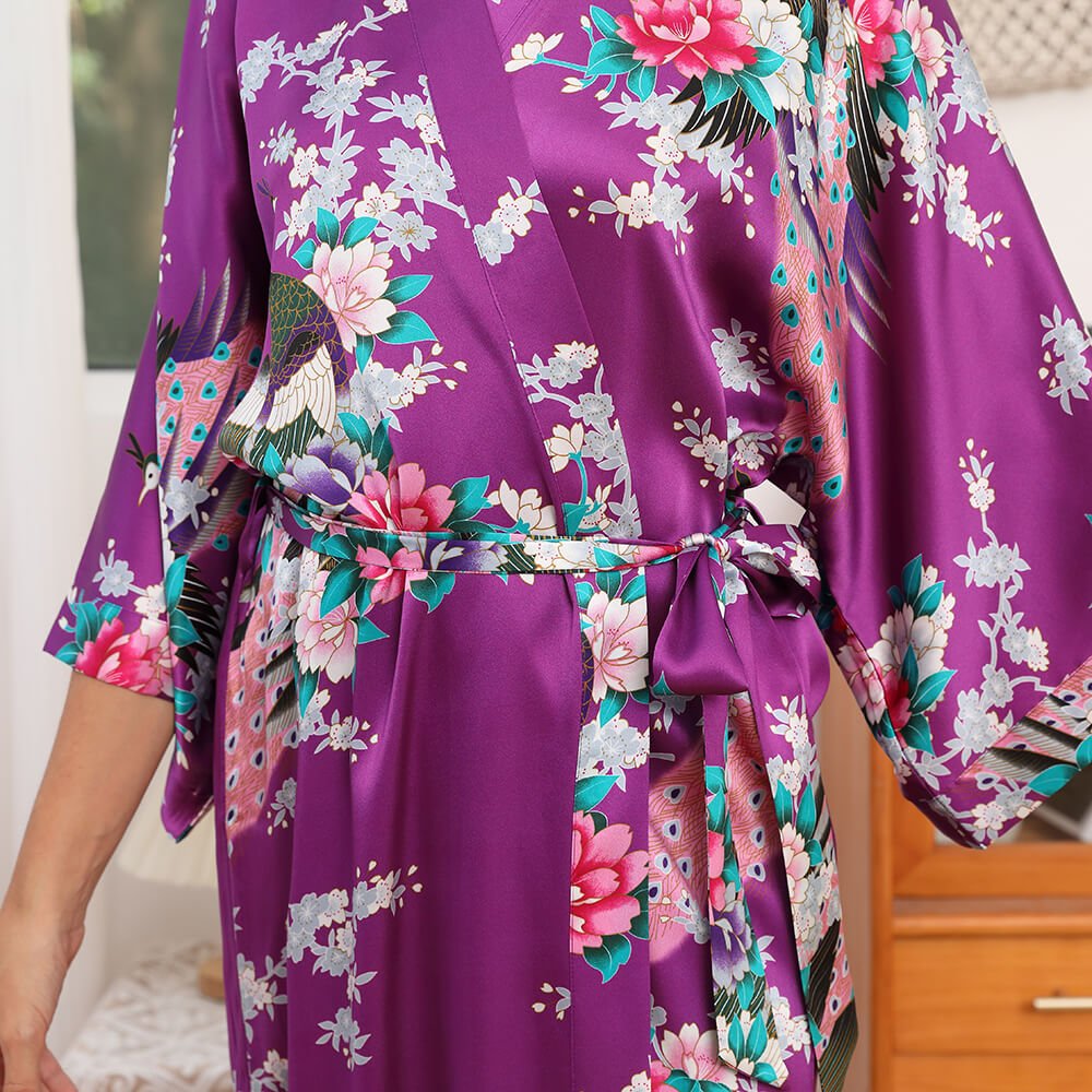 Peacock & Flowers Silk Kimono for Women Hand Painted silk Kimono - slipintosoft