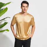 Luxury Pure Silk Shirt For Men Classic Short Sleeves V-Neck Silk Top Tee - slipintosoft