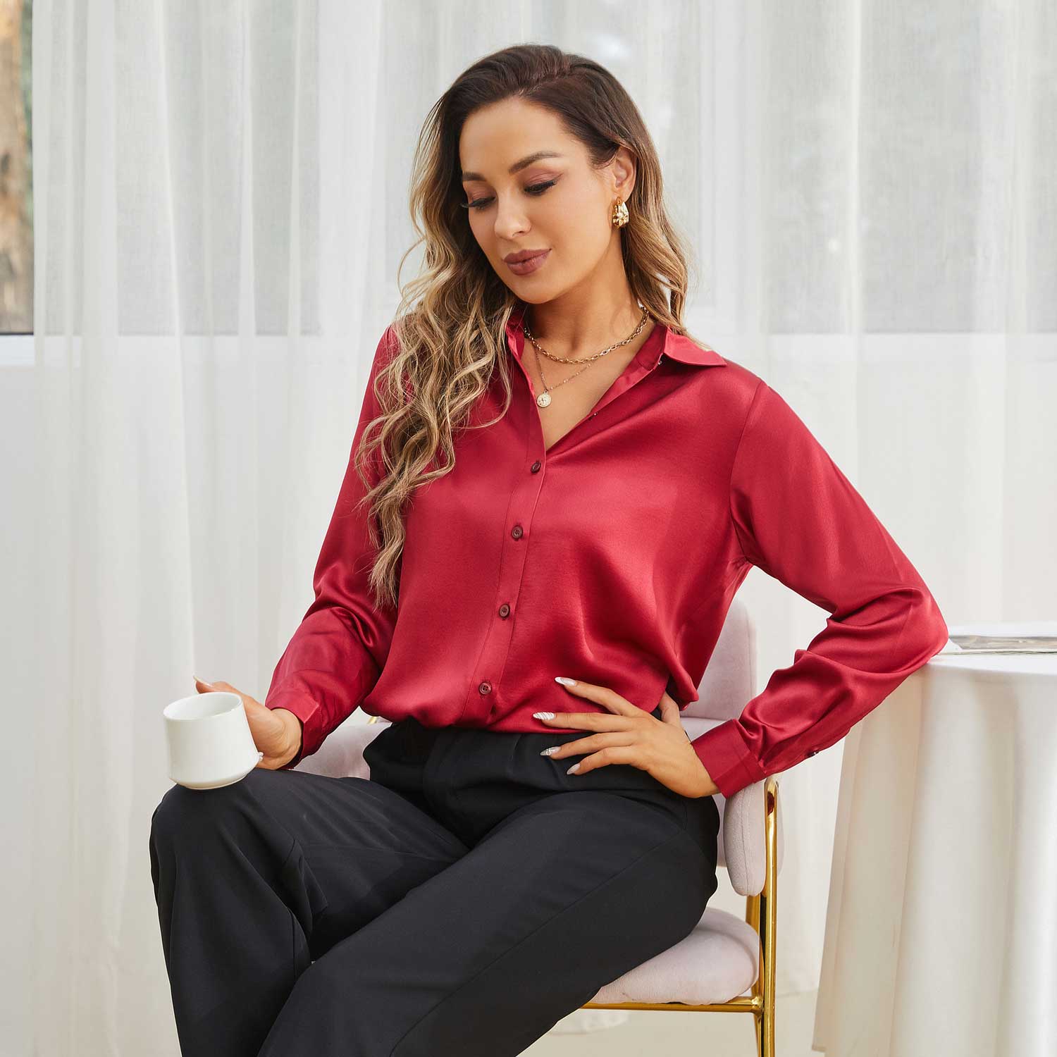 Women Silk Blouse 100% Pure Silk Long Sleeves Work Silk Shirt Blouses Tops - slipintosoft