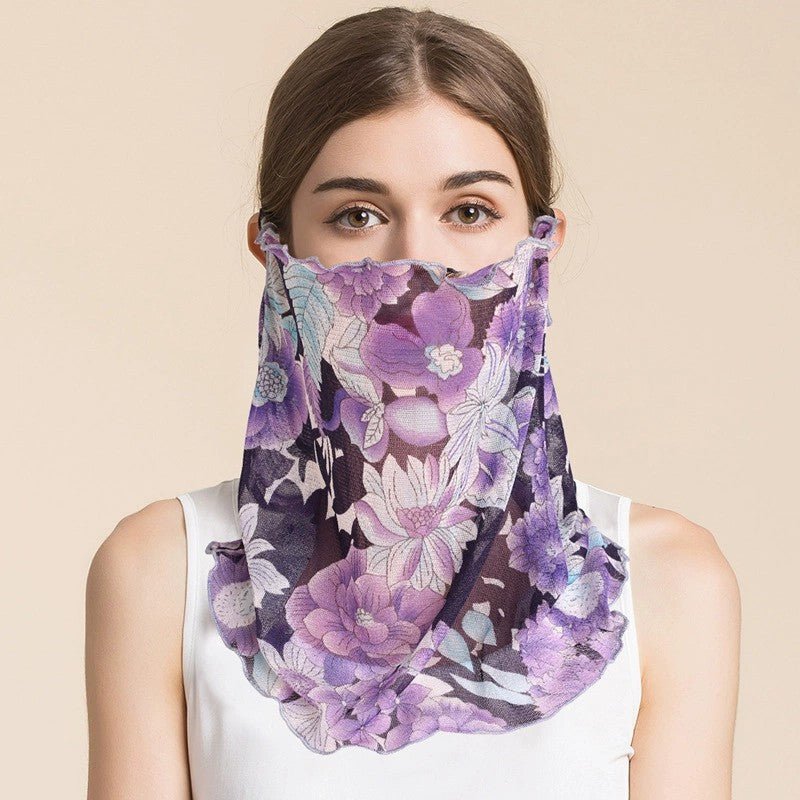 Silk Floral Printed Neck Gaiter Silk Face Masks Knitted Mesh Scarf for Women - slipintosoft