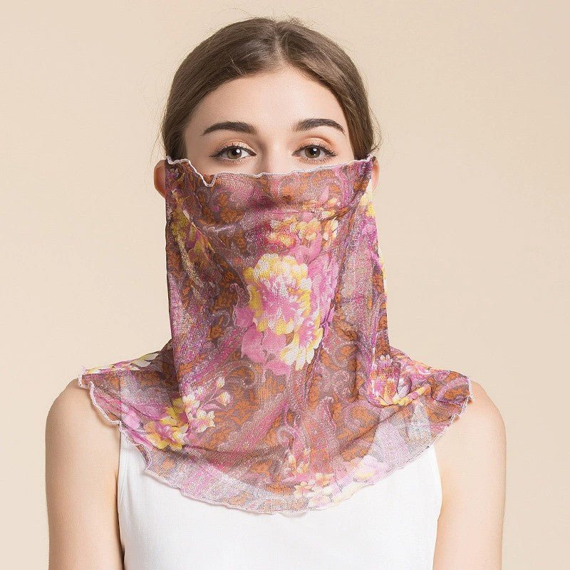 Silk Floral Printed Neck Gaiter Silk Face Masks Knitted Mesh Scarf for Women - slipintosoft