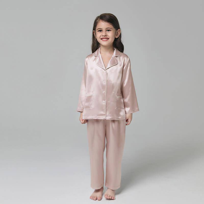 19 Momme Kid's Silk Pajamas Set Girls' Cute Long Sleeves Nighties with White Trimming -  slipintosoft