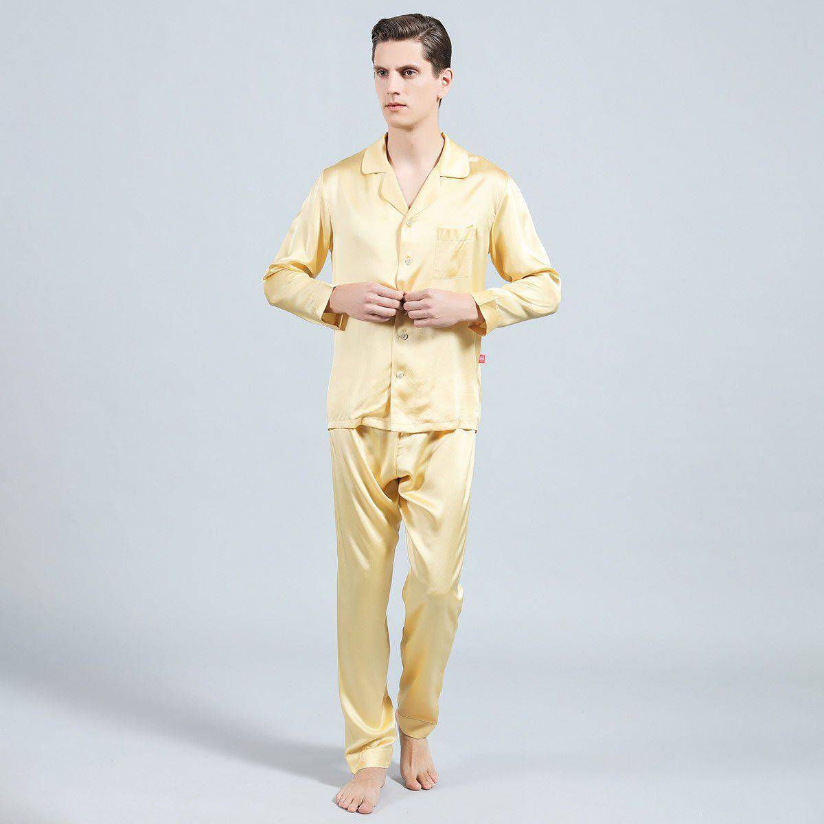 Silk Pajamas for Men 22 Momme Long Sleeve Trim 100% Real Silk Pajamas Set - slipintosoft