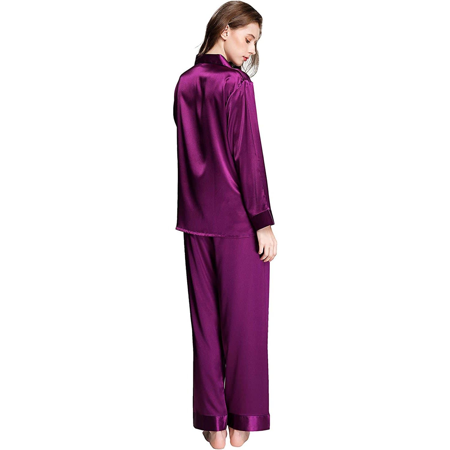 Womens Silk Pajama set Long Sleeve Button Down Silk Sleepwear Full Length Pajamas - slipintosoft