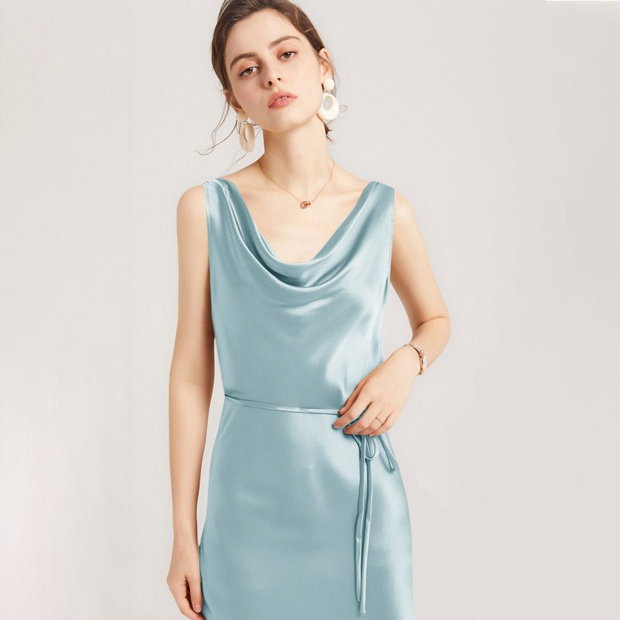 22 Momme Elegant Sleeveless Women's Silk Dress Cowl Neck Midi Silk Dress - slipintosoft