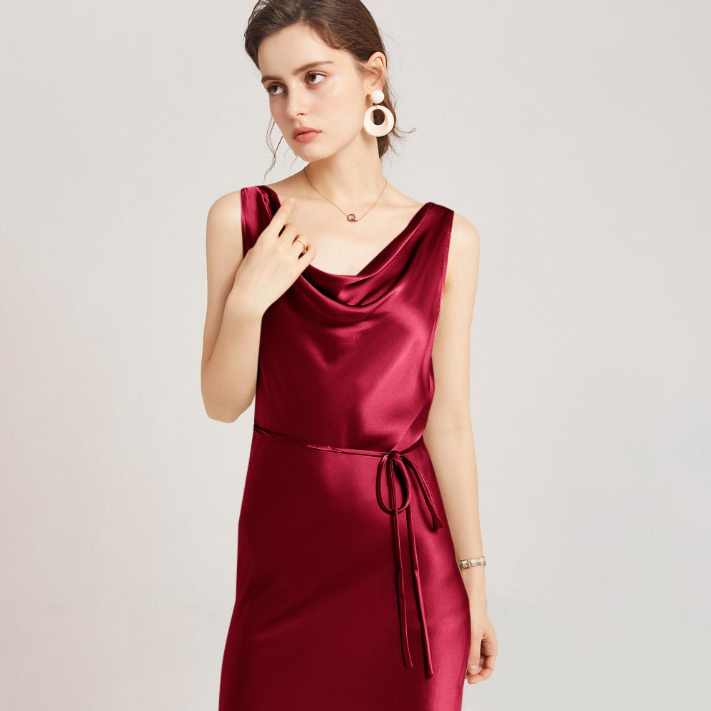 22 Momme Elegant Sleeveless Women's Silk Dress Cowl Neck Midi Silk Dress - slipintosoft