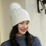 Solid Cashmere Chunky Knitted Hat with Fur Pom Womens Soft Cashmere Beanie for Winter Cashmere Hats