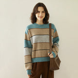 Striped Cashmere Sweater for Women Crew Neck Cashmere Blouses Drop Shoulder Wool Cashmere Sweater