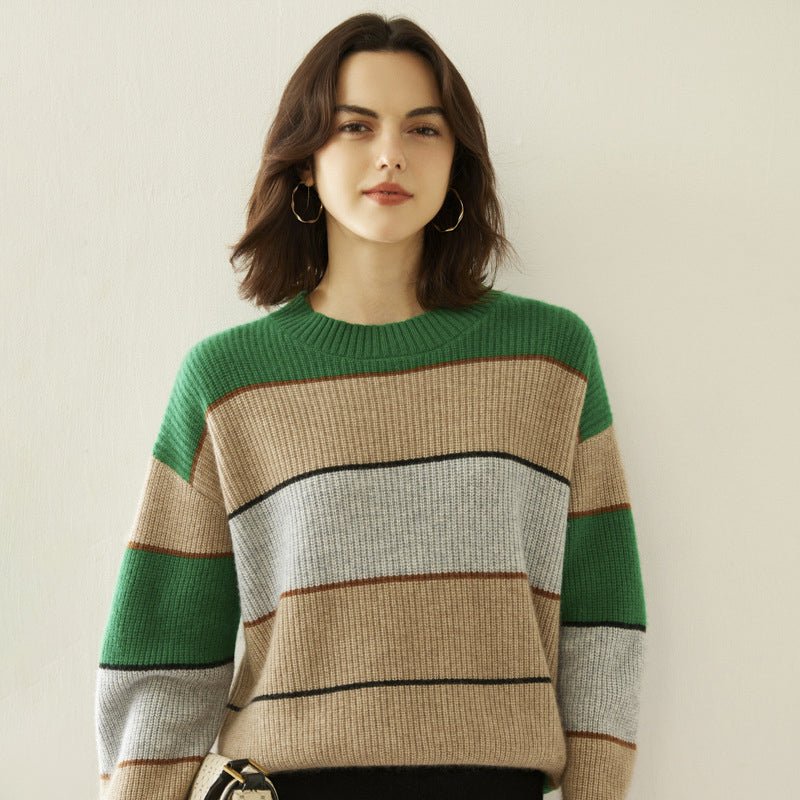 Striped Cashmere Sweater for Women Crew Neck Cashmere Blouses Drop Shoulder Wool Cashmere Sweater