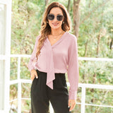 22 Momme V Neck & Ribbon Silk Blouse For Women Elegant Long Sleeves Silk Shirt - slipintosoft