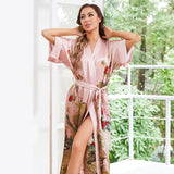 Bata tipo kimono de seda de morera 100% larga de lujo con estampado Floral Vintage para mujer