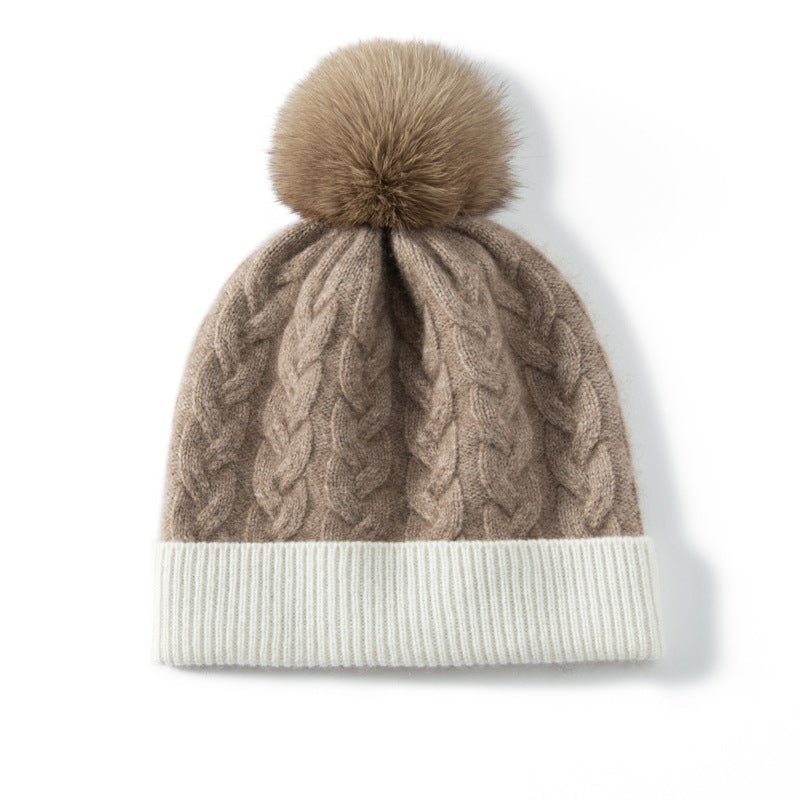 Warm Pure Cashmere Hat for Women Mixed Colors Cashmere Beanie with Fur Pom Cashmere Hats