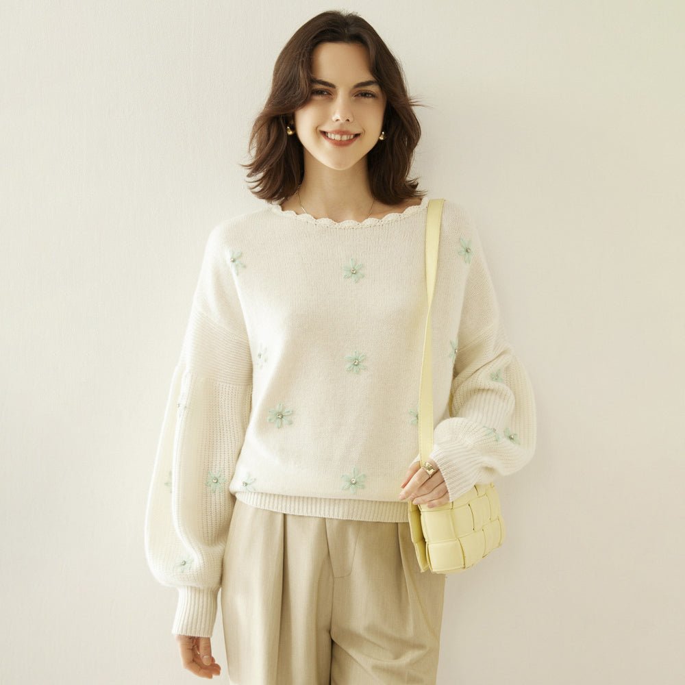 Women Crew Neck Cashmere Sweater Lantern Sleeve Embroidery Crochet Cashmere Tops Wool Cashmere Sweater