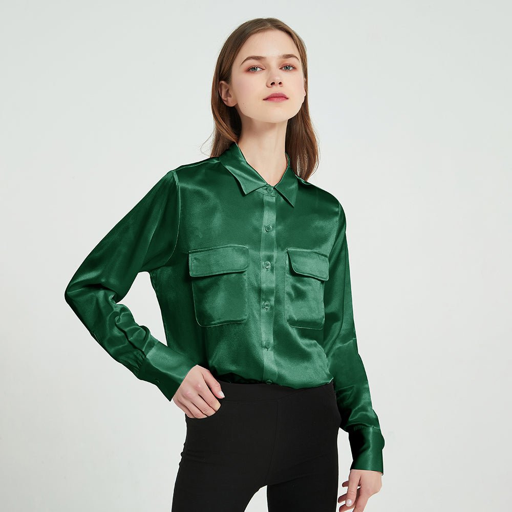 Women Silk Blouse 100% Pure Long Sleeve Silk Blouses with Flap Pockets - slipintosoft