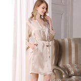 Women Luxury Two Piece Silk Lace Chemise and Robe Nightwear Set - slipintosoft