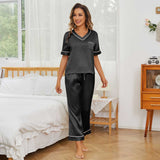 Short Sleeve Silk Pajama Sets 100% Mulberry V Neck Silk Sleepwear - slipintosoft