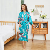 Women Silk Kimono Hand Painted Peacock & Flowers Nightwear