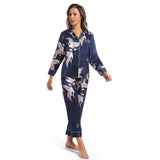 Conjunto de pijamas de seda para mujer, ropa de dormir de seda preciosa con estampado de grullas para mujer