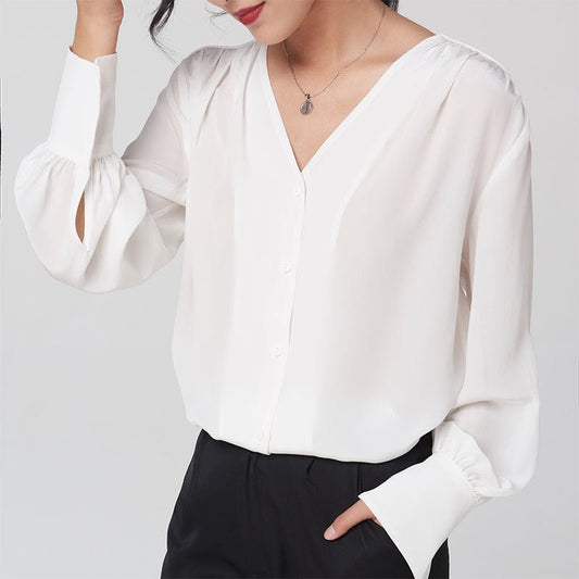 Camisa de seda para mujeres 100% Mulberry mangas largas en cuello trabajo de seda blusa de seda