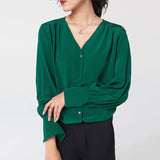 Camisa de seda para mujer Blusa de seda de trabajo con cuello en V y mangas largas 100% morera