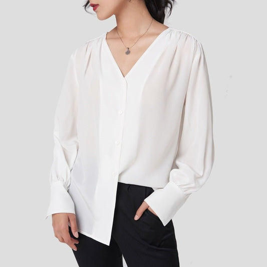 Camisa de seda para mujeres 100% Mulberry mangas largas en cuello trabajo de seda blusa de seda