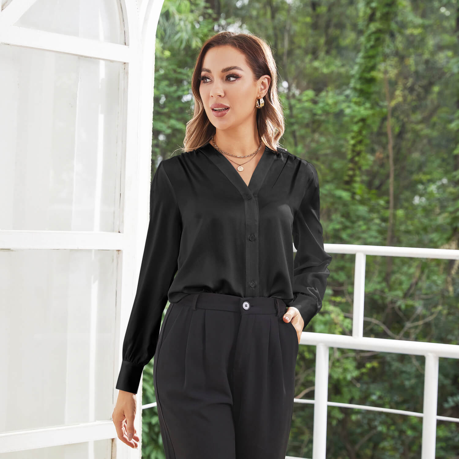 Women Long Sleeves V Neck Silk Blouse - slipintosoft