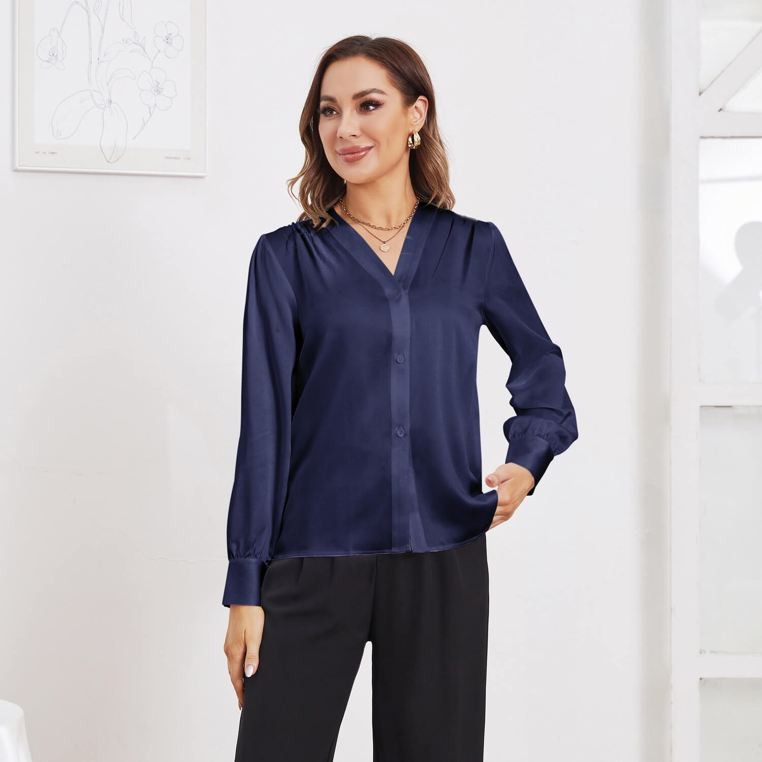 Women Long Sleeves V Neck Silk Blouse - slipintosoft