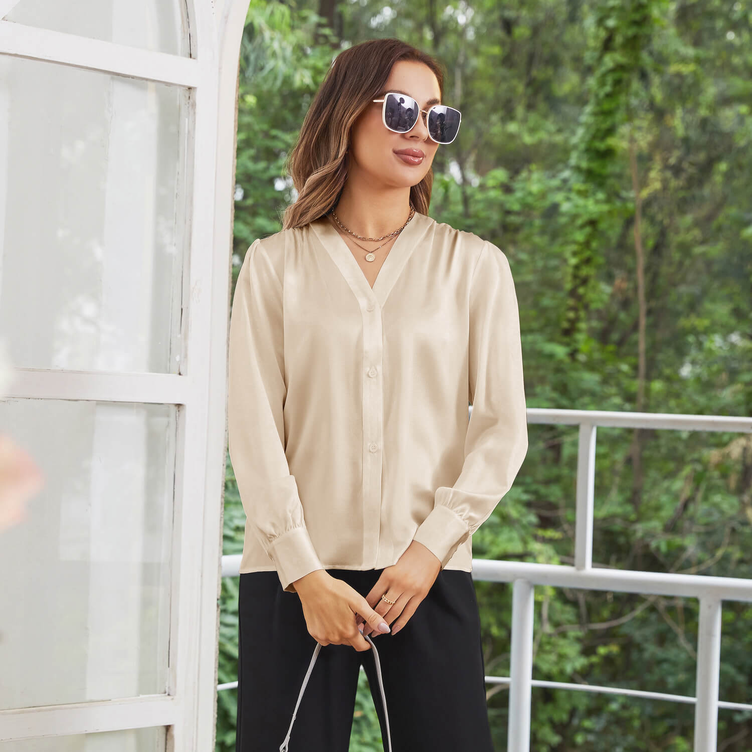 Women Long Sleeves V Neck Silk Blouse - slipintosoft