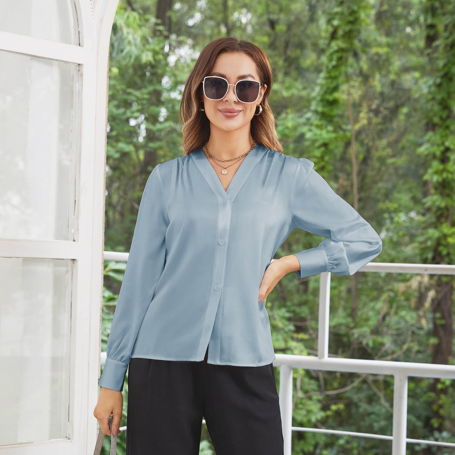 Women Long Sleeves V Neck Silk Blouse - slipintosoft