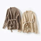 Women's 100% Cashmere Cardigan with Sash Cable-Knit Coat - slipintosoft