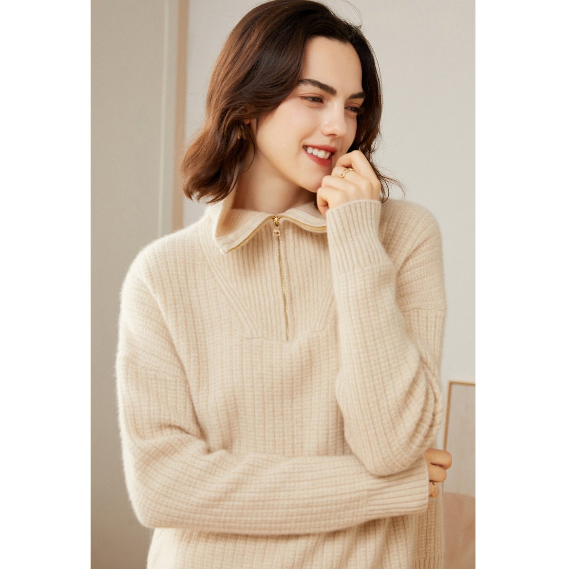 Women's 100% Cashmere Ribbed Polo Sweater - slipintosoft